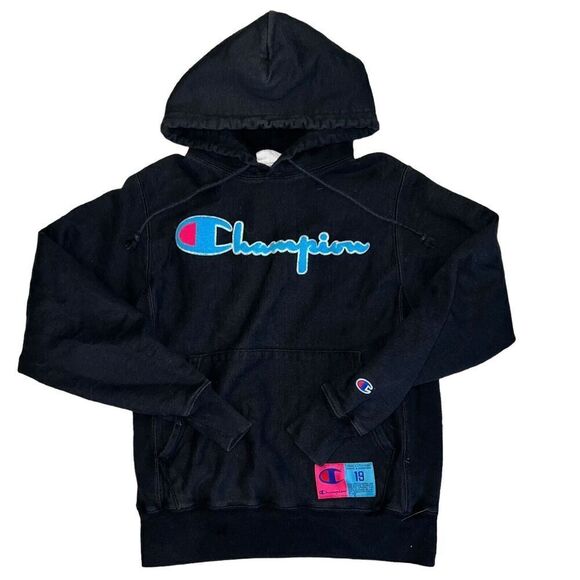 Vtg Champion Reverse Weave Hoodie Size Small Puff Embroidery Black Pullover - Picture 1 of 7